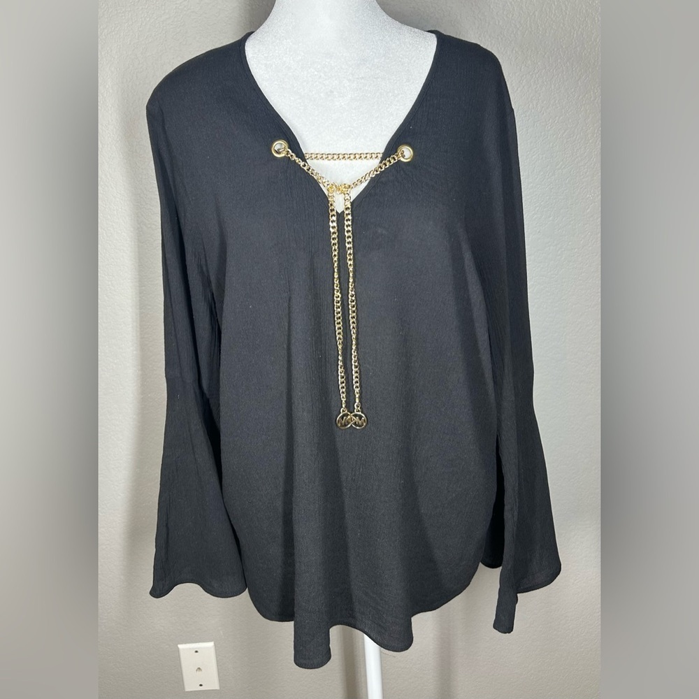 Women’s Michaels Black Blouse With Gold Chain Accent Embellishment Size L - Picture 3 of 11